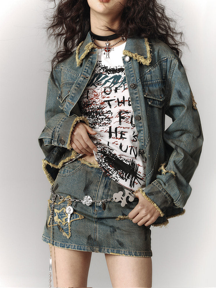 Washed Frayed Collar Denim Jacket & Denim Short Skirt Setup NA8915