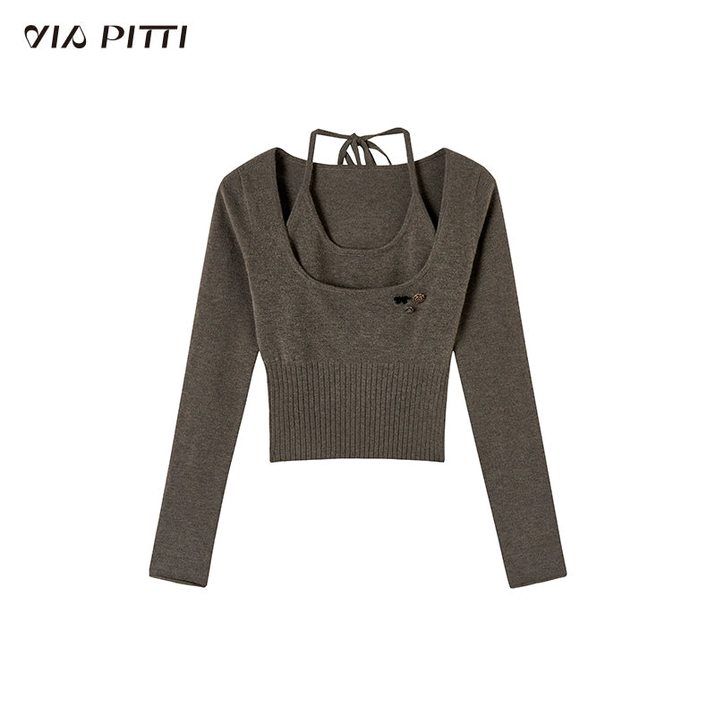 Fake Layered Hanging Neck Knit Sweater NA4767