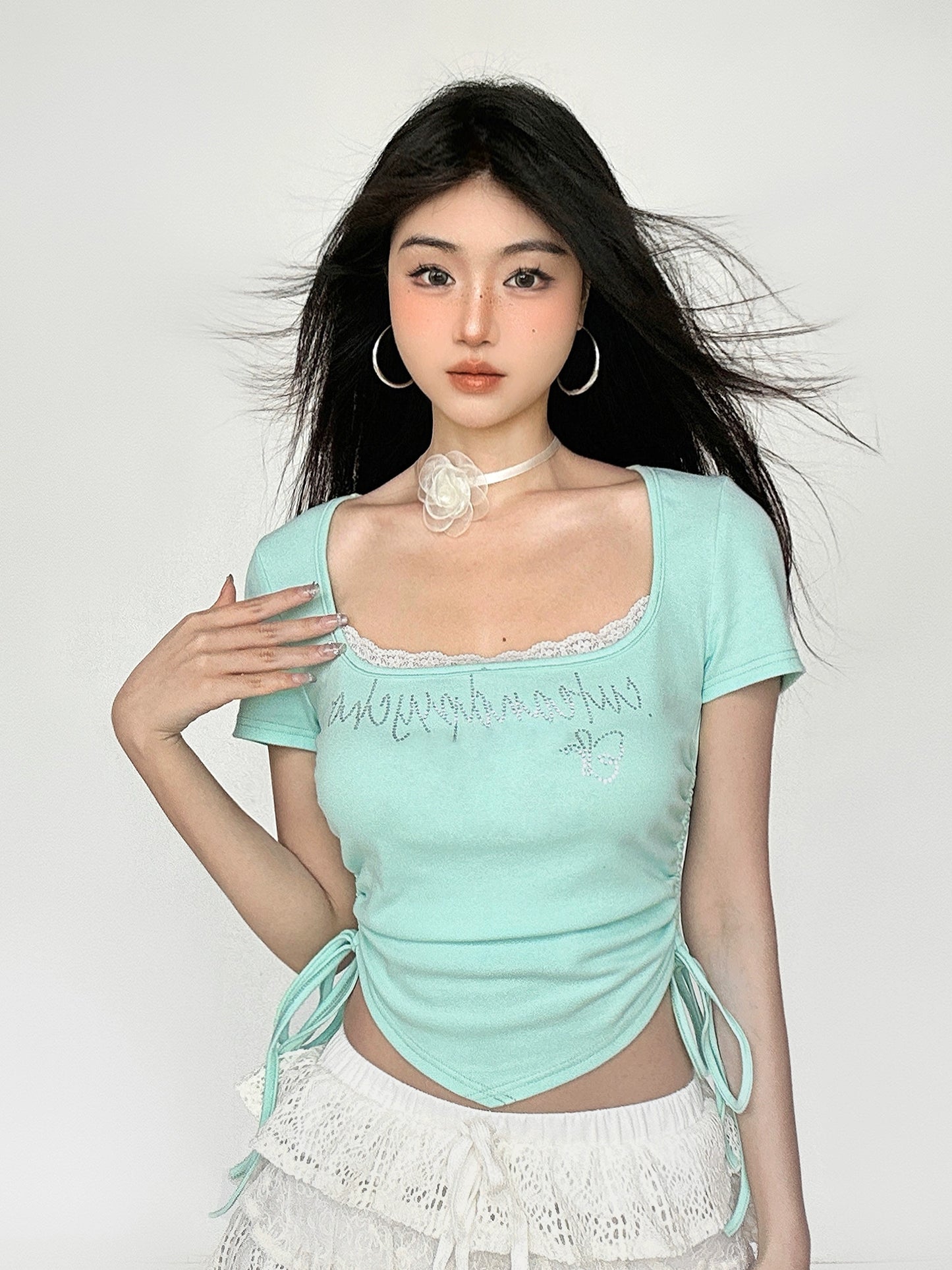 Lace Splice Waist Wrapped Short Sleeve T-shirt NA4557