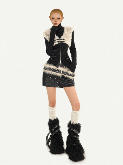 Fake Fur Patchwork V-Neck Slim PU Leather Vest & Ribbed High-Neck Knit Sweater NA8629