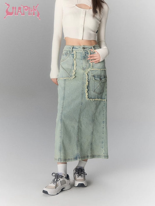 Washed Large Pocket Denim Long Skirt NA5039