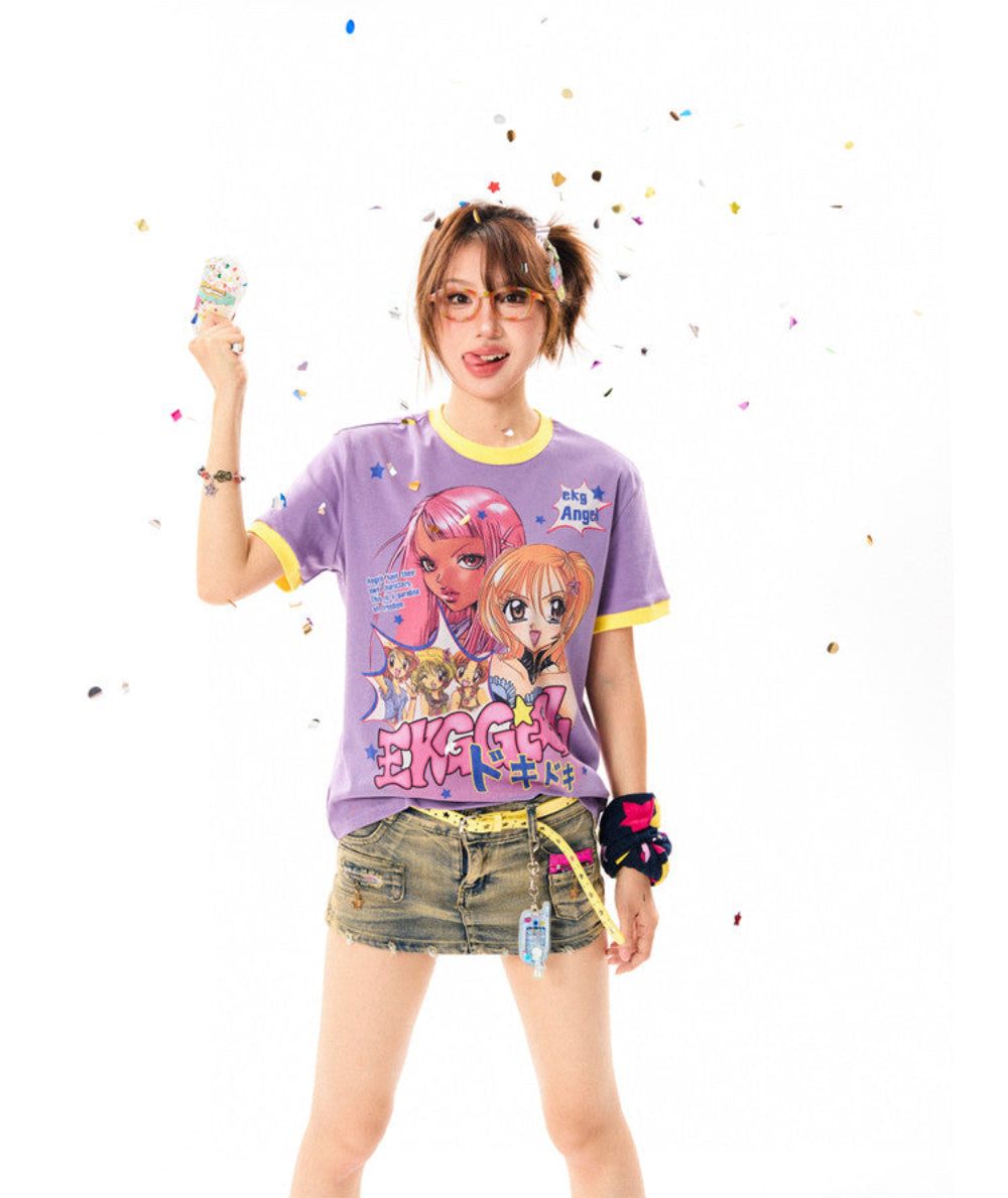 Girl Illustration Print Contrast Short Sleeve T-Shirt NS9322
