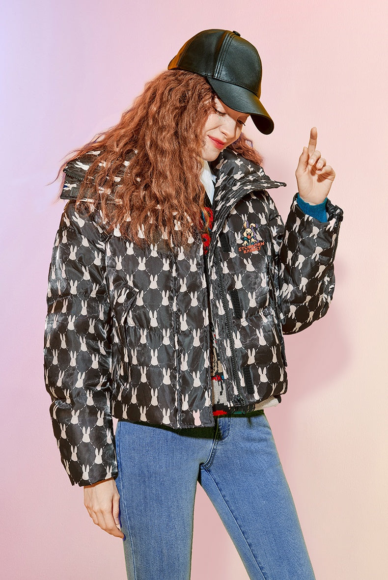 Rabbit Print High-Neck Check White Duck Down Jacket NA6710