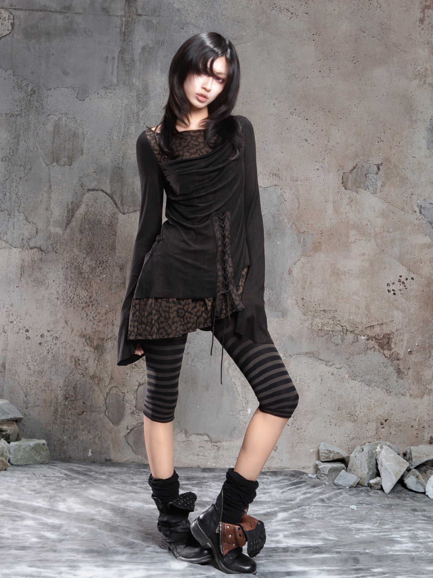 Original Vintage Dark Punk Color Block Fake Two-Piece Blouse NA8351