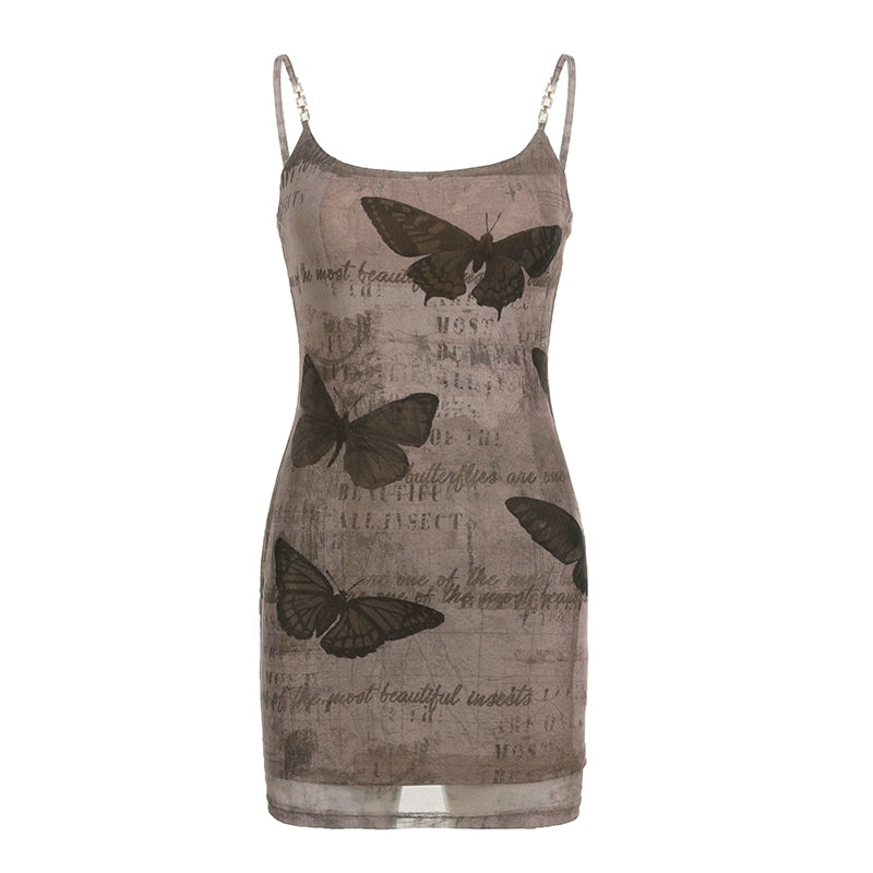 Butterfly Print Mesh Chain Hanging Strap Dress NA4500