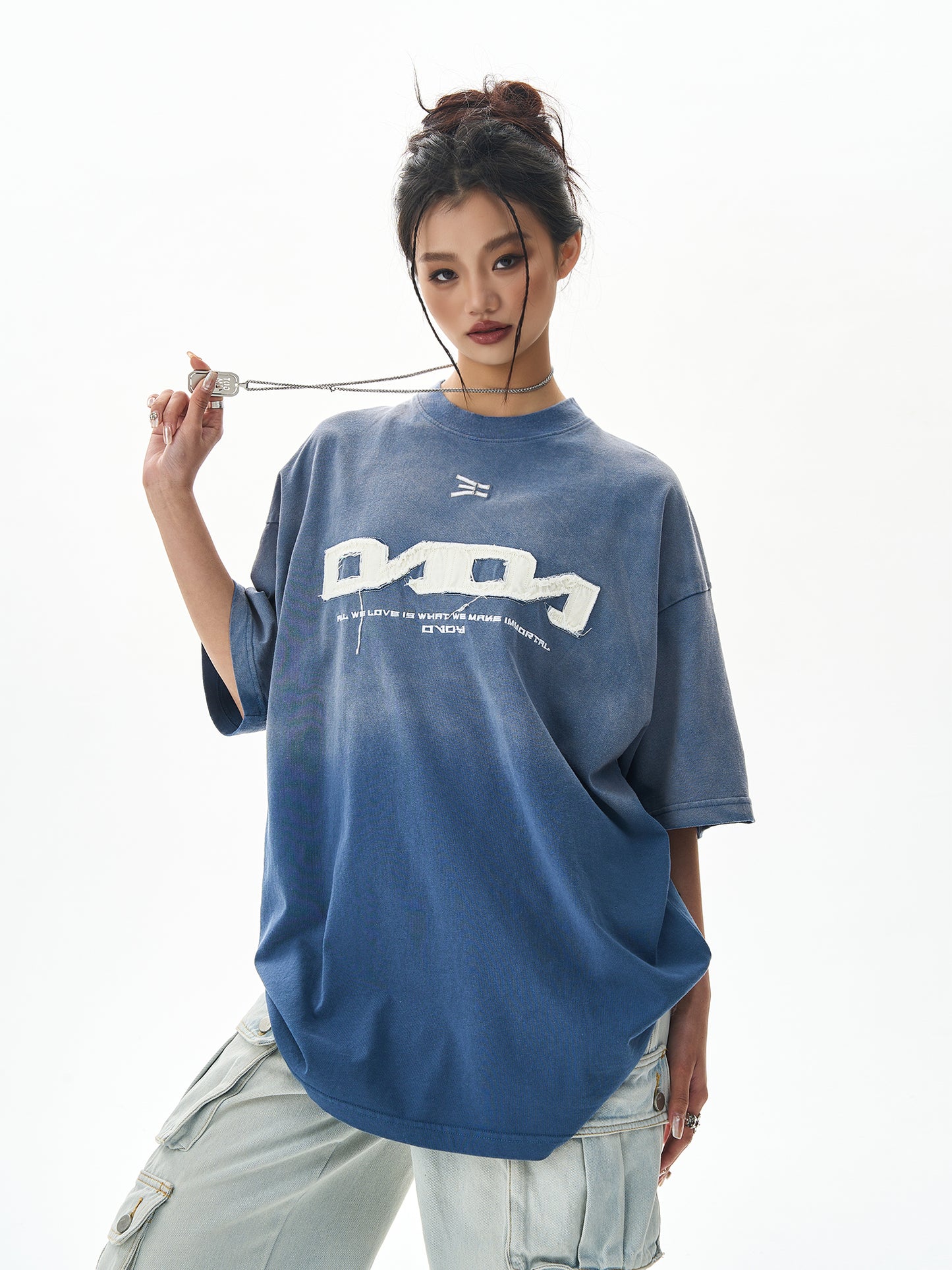 Washed Tie Dye Letter Embroidery Short Sleeve T-shirt NA3017