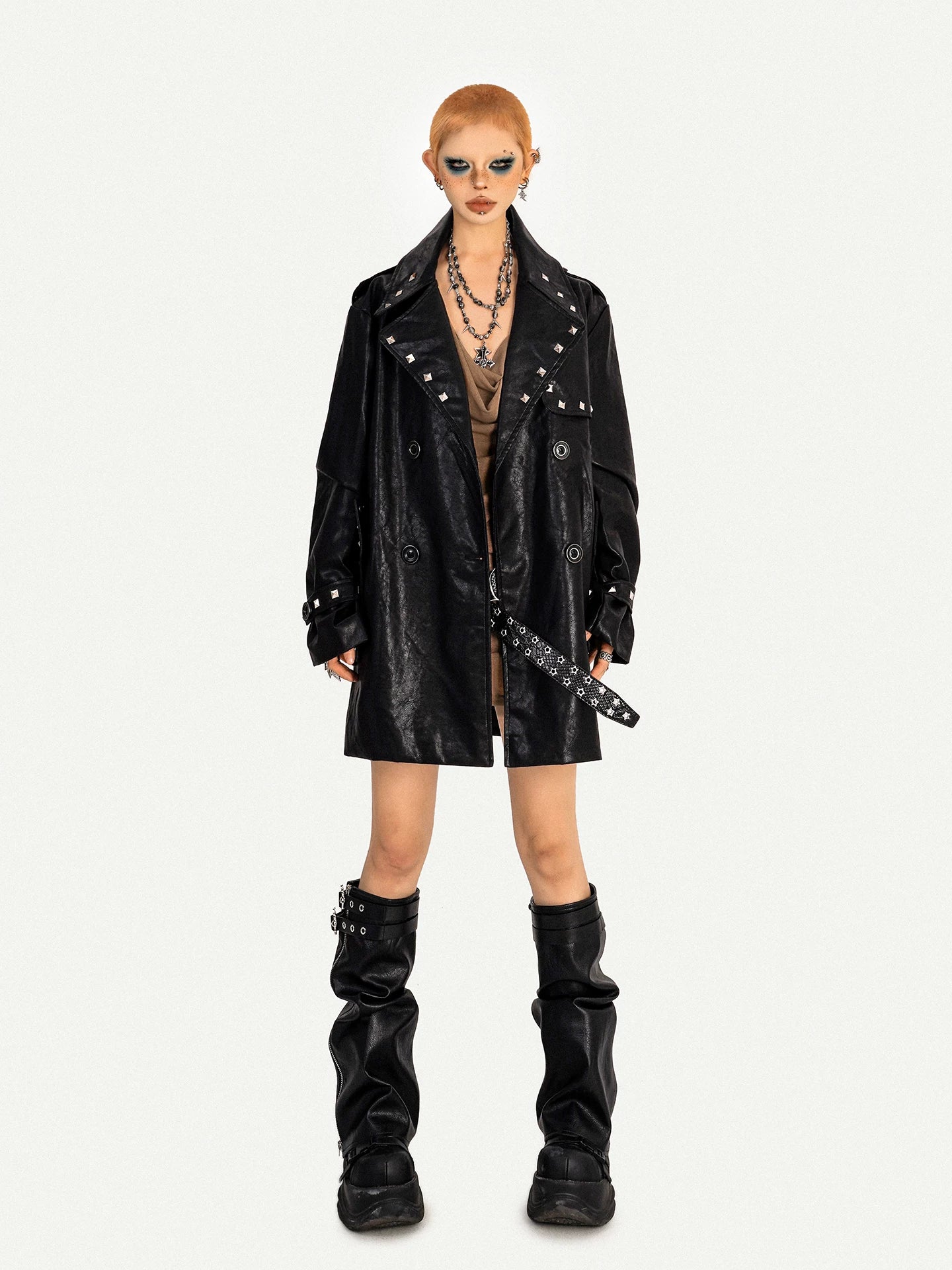 NA8637 Nico Molly Biker Spice Girl Studded Leather Jacket Women's Fall & Winter Premium Midi Coat NA8637