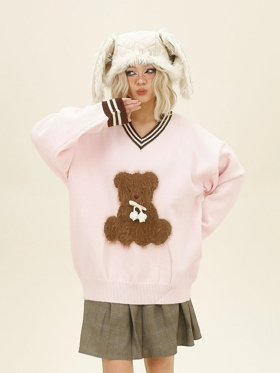 Bear Design V-Neck Knit Sweater NA6351