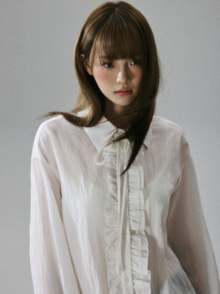 Wrinkled Lyocell Asymmetrical Bow Strap Sunscreen Long Sleeve Shirt NA8805