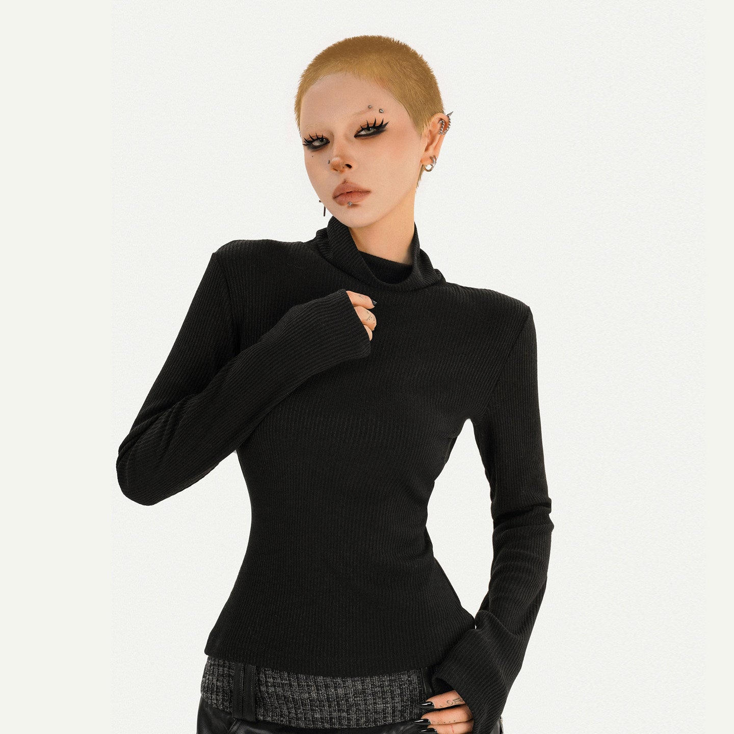 Fake Fur Patchwork V-Neck Slim PU Leather Vest & Ribbed High-Neck Knit Sweater NA8629