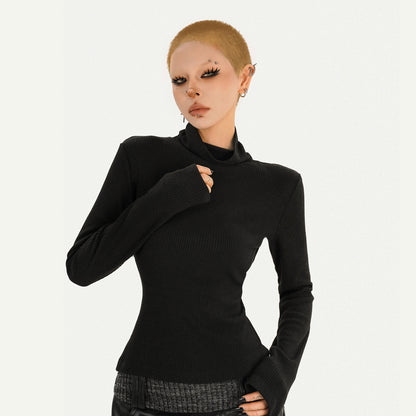 Fake Fur Patchwork V-Neck Slim PU Leather Vest & Ribbed High-Neck Knit Sweater NA8629