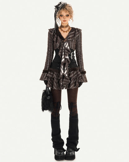 Original Design Patchwork Raw Edge Slim Long Sleeve Shirt & Skirt Setup NA8614