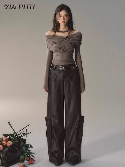 PU Leather Wide-Leg Straight Cargo Pants NA4754