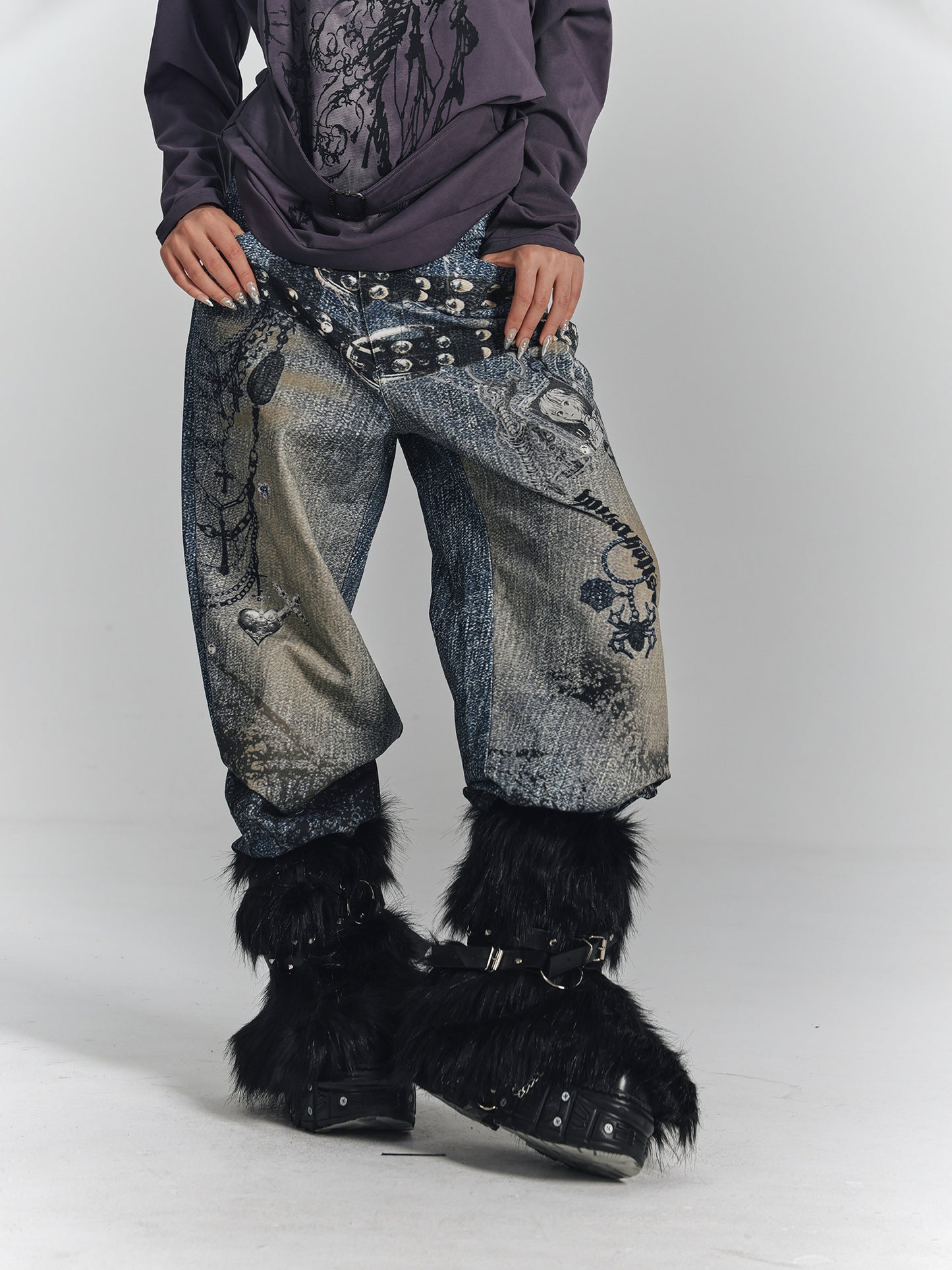 Chain Design Wide Leg Straight Denim Jeans NA8896