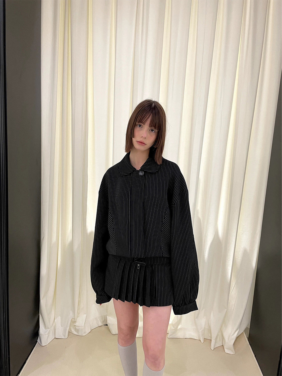 Stripe Polo Collar Jacket & Pleated Short Skirt Setup NA5986