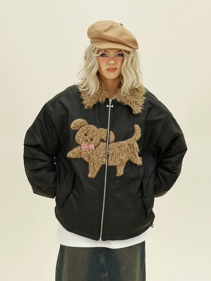 Fake Fur Collar Dog Design Zipper Puffer Jacket NA6357