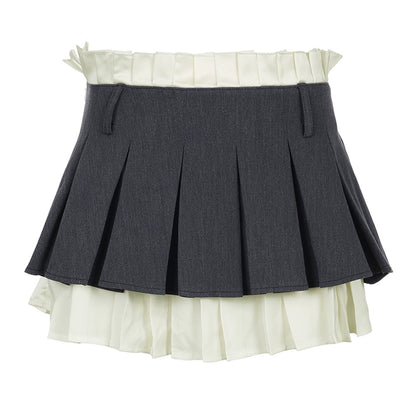 Fake Layered Short Sleeve Shirt & High Waist Pleated Skirt Setup NA4471