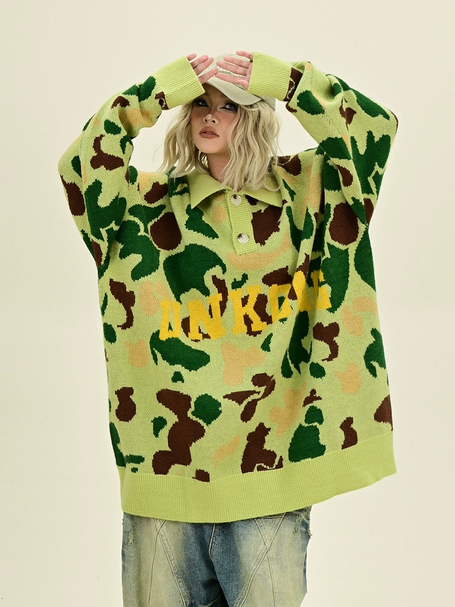 Contrast Camouflage Polo Collar Knit Sweater NA6423