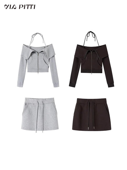 Hanging Neck Zipper Sweatshirt & Short Skirt Setup NA4736