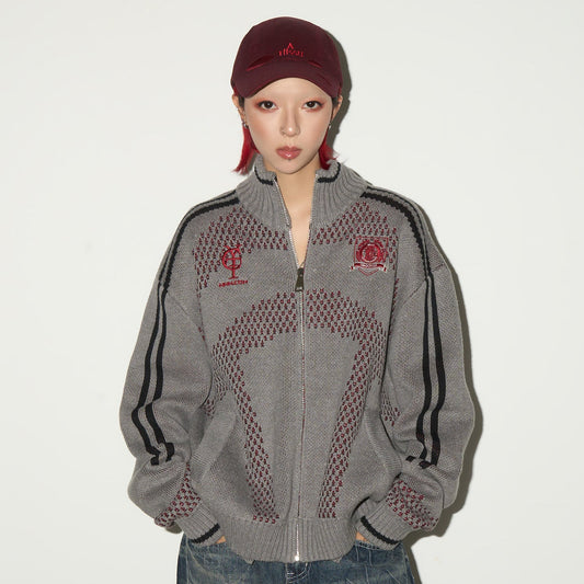 Embroidery Stripe Line Zipper Knit Cardigan NA9032