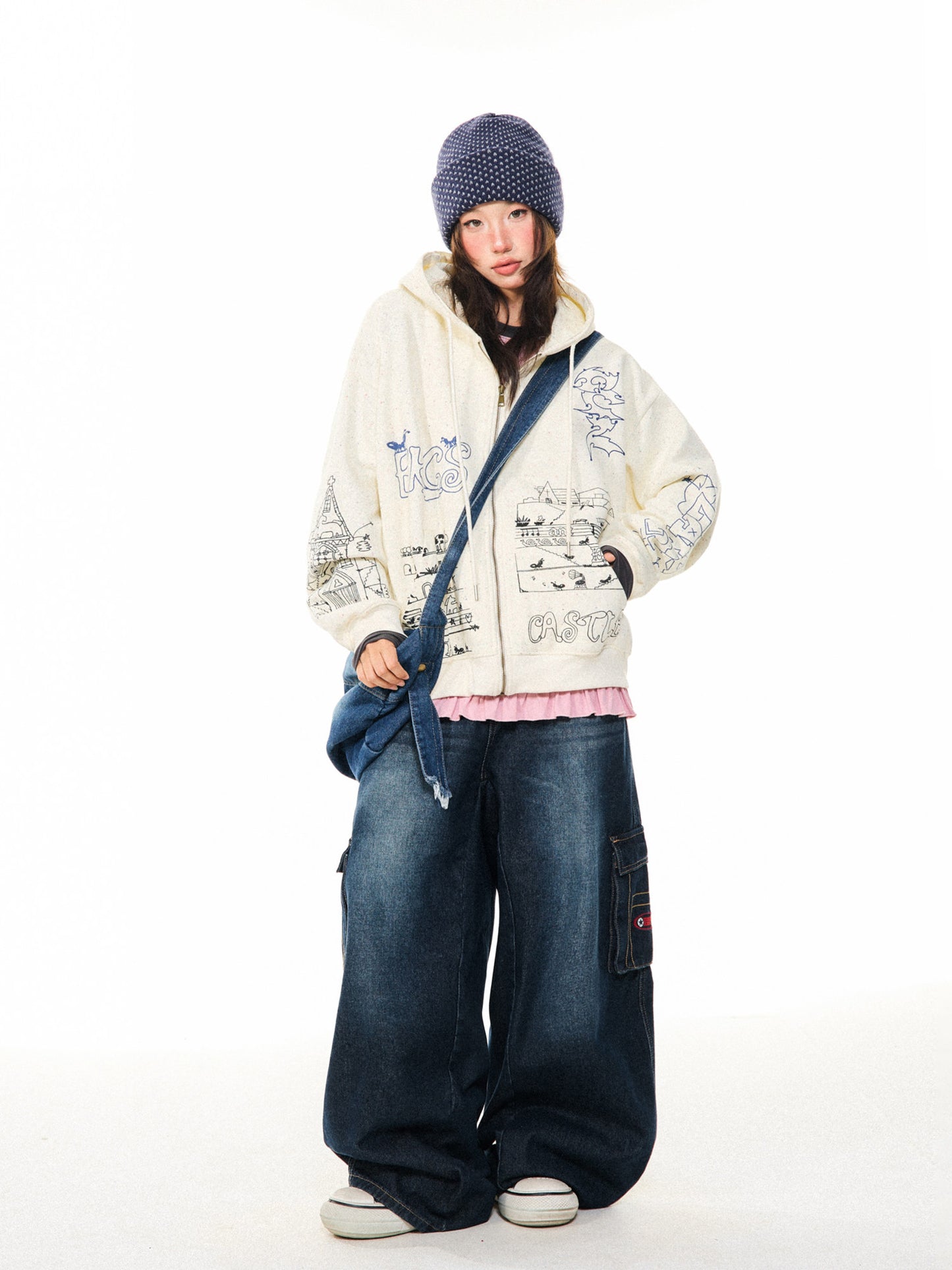 Graphic Print Oversize Zipper Hoodie NA9360
