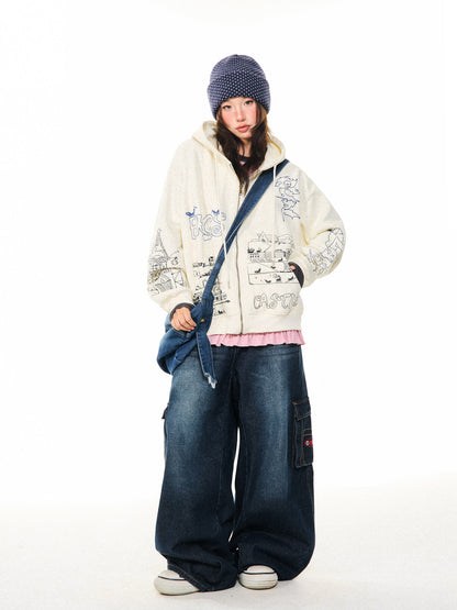 Graphic Print Oversize Zipper Hoodie NA9360