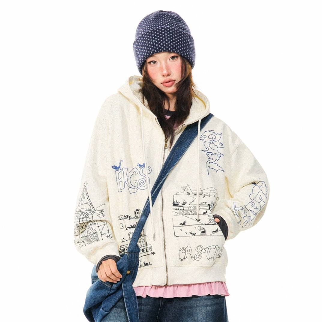 Graphic Print Oversize Zipper Hoodie NA9360