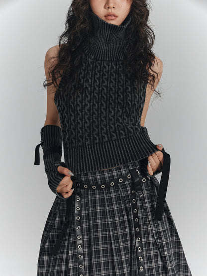 High-Neck Sleeveless Lace-Up Backless Knit Sweater & Arm Warmers NA8908
