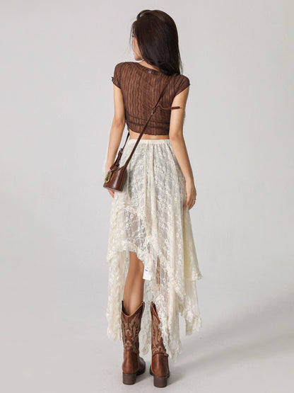 Lace Spliced Mid Length A-line Skirt NA4639