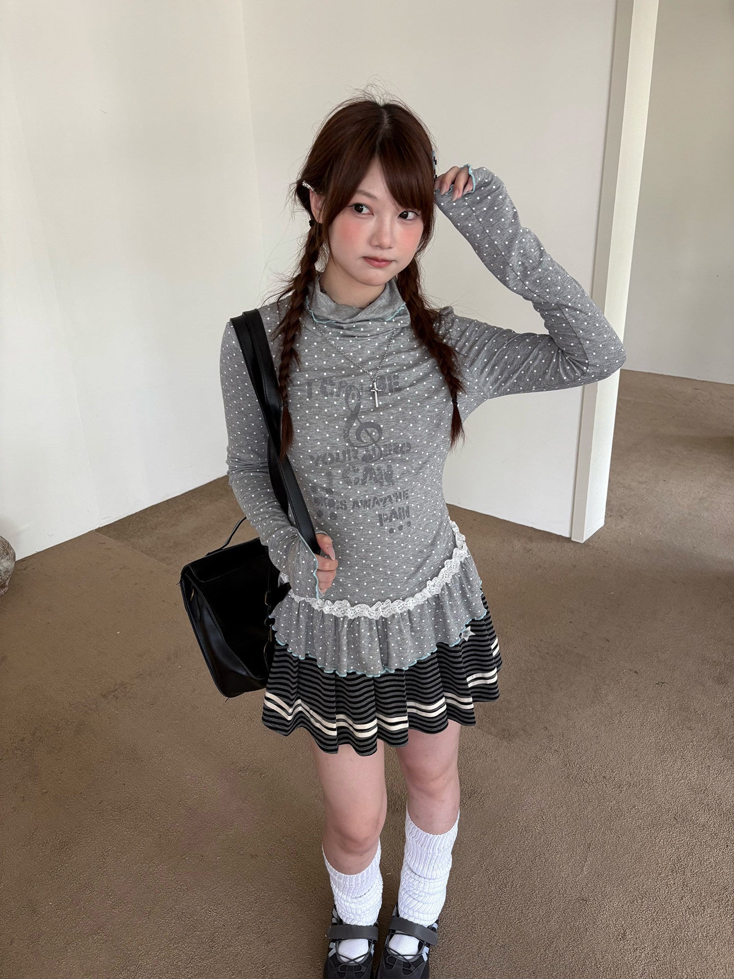 Polka Dot Lace High-Neck Long Sleeve T-Shirt NA9239