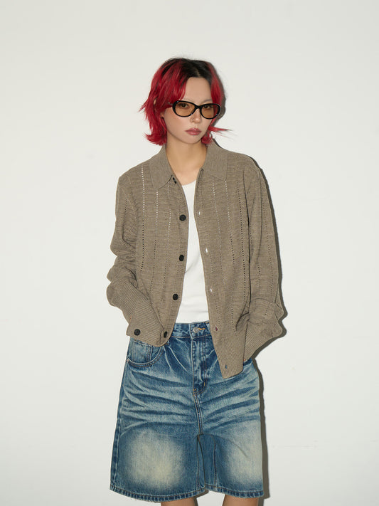 Hollow Textured Lapel Knit Cardigan NA9142