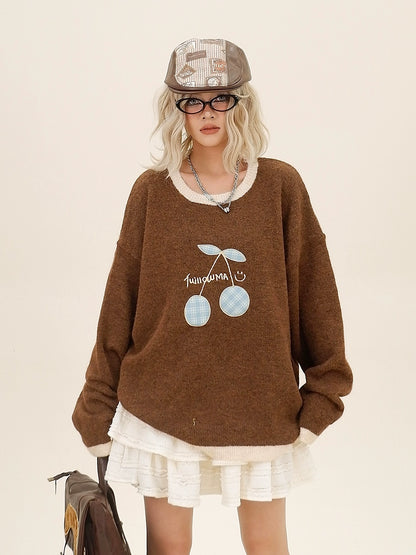 Cherry Embroidery Oversize Knit Sweater NA6350