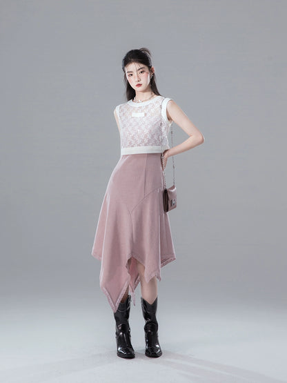 Lace Sheer Top & Irregular Hem Dress Setup NA5545