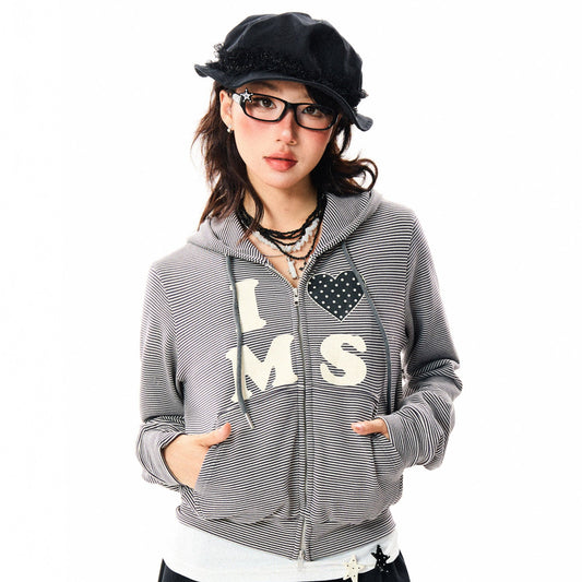 Heart Letter Print Stripe Cropped Zipper Hoodie NA9311