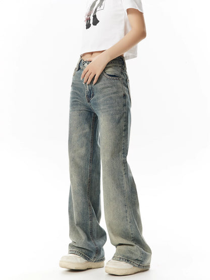 Washed Wide-Leg Straight Denim Jeans NA2993