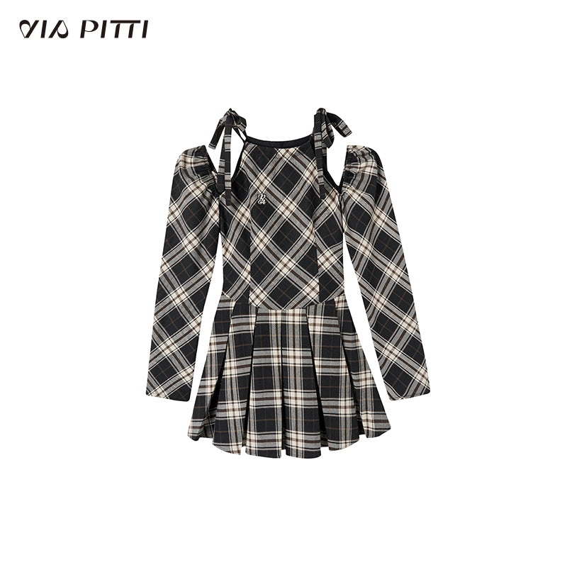 Shoulder Cut Plaid A-line Pleated Dress NA4916