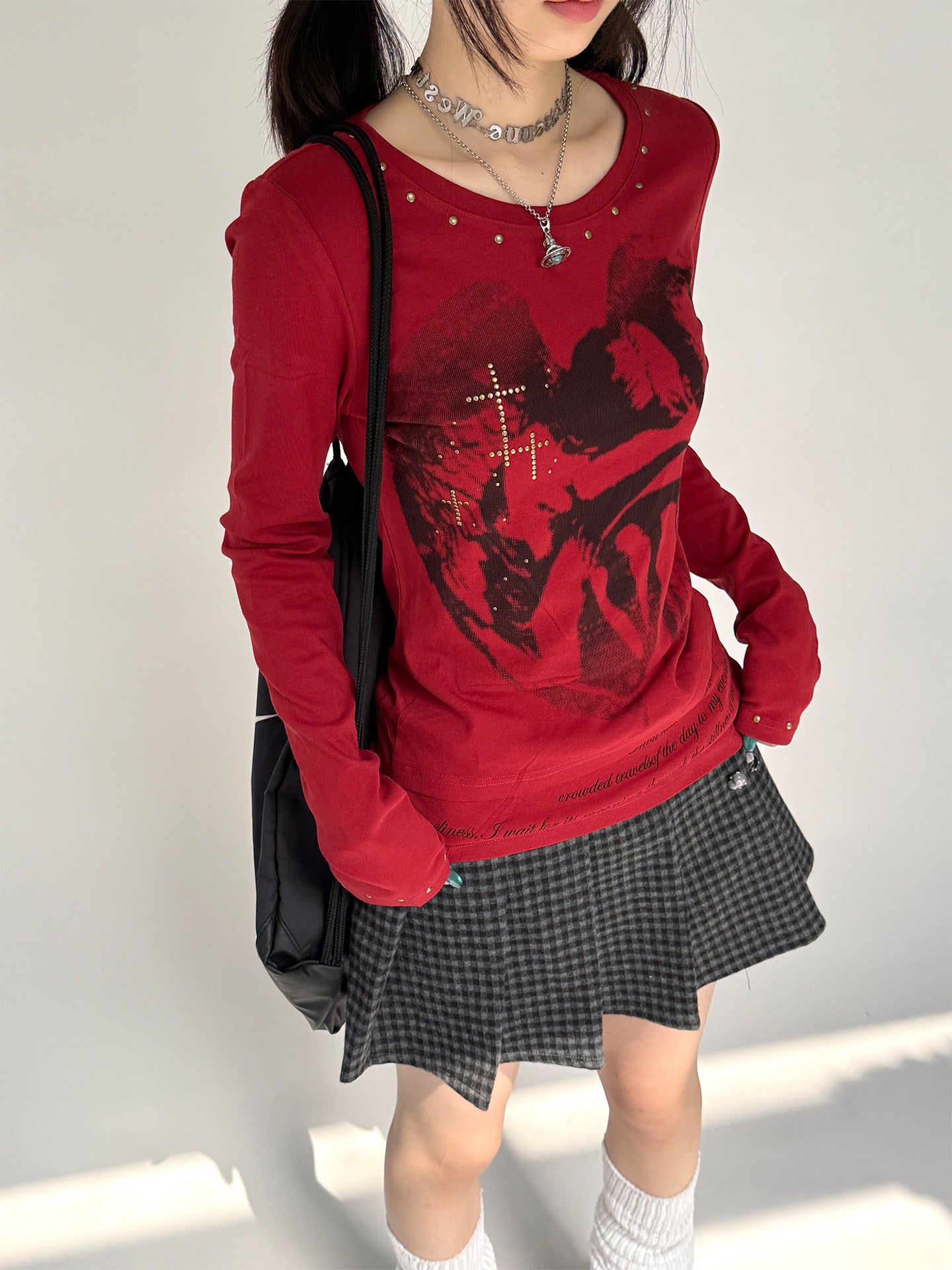 Cross Print Rivet Long Sleeve T-Shirt NA9288