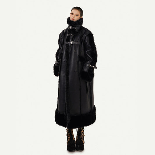 PU Leather Fake Fur Stand Neck Coat NA8609