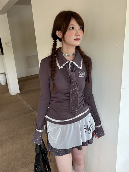 Lace Patchwork Splice Long Sleeve Shirt NA9256
