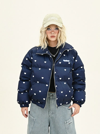 Allover Heart Print Standing-Collar Puffer Jacket NA6192