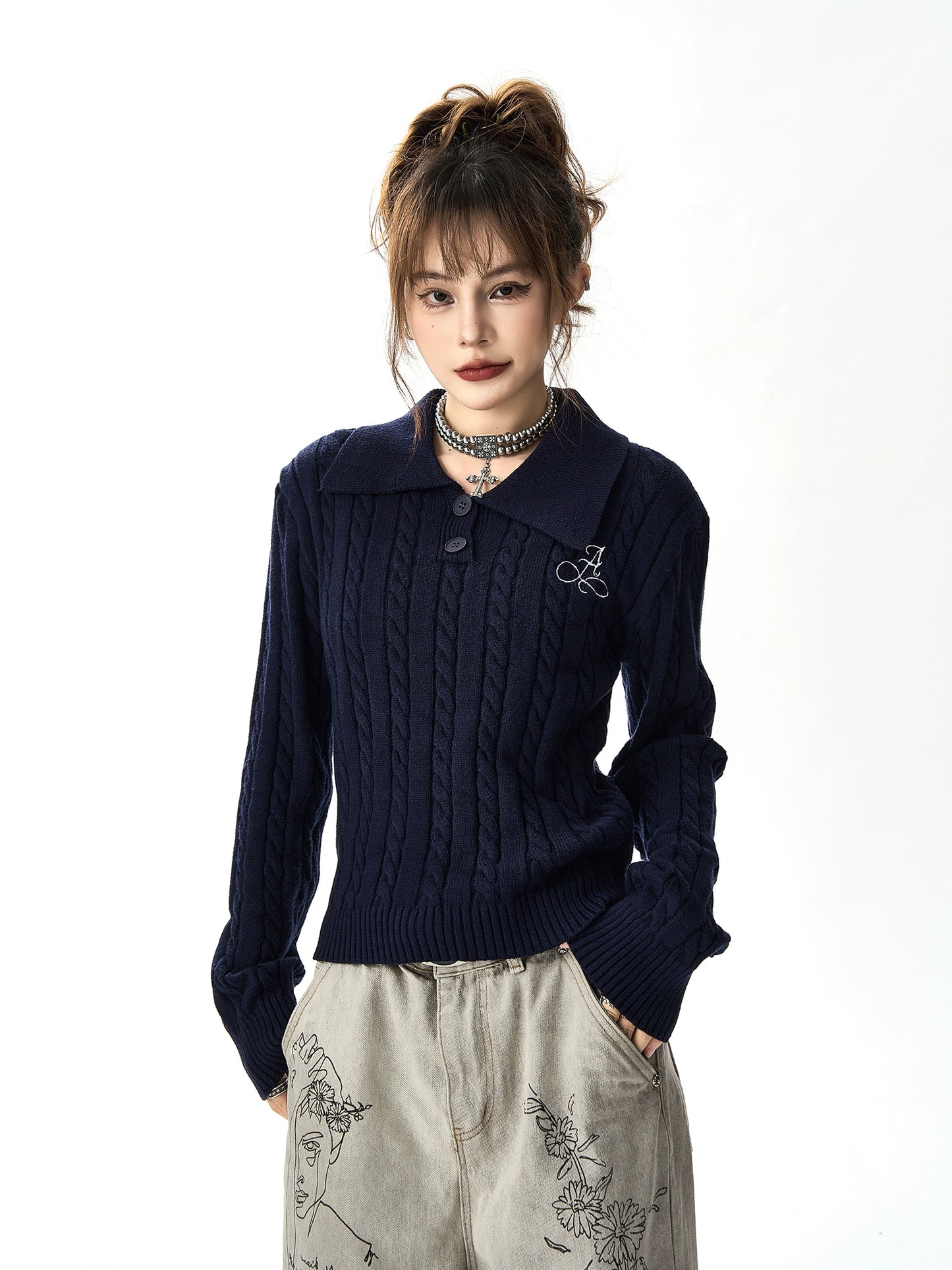 Polo Collar Long Sleeve Knit Sweater NA2954