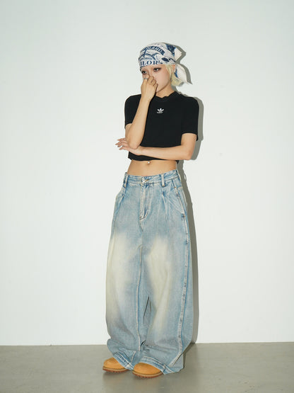 Washed Drape Wide Leg Denim Jeans NA9213