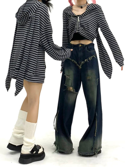 Striped Rabbit Ear Oversize Zipper Jacket & Zipper Coat NA9257