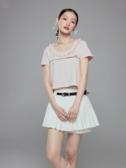 Cropped Contrast Lace Collar Short Sleeve T-shirt NA5333