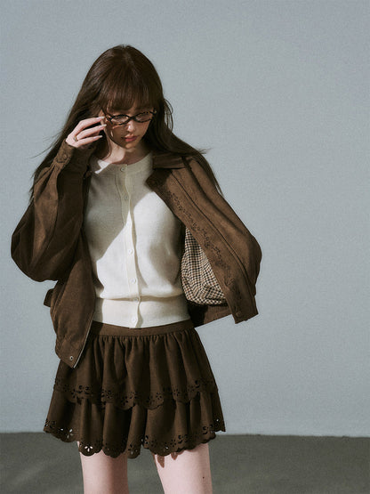 Suede Zipper Jacket & Scalloped Skirt Setup NA8854