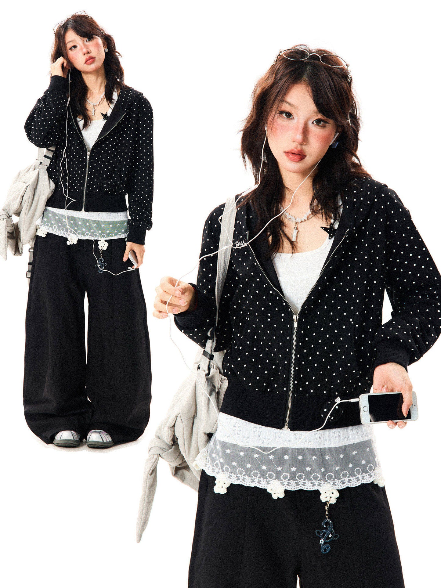 Polka Dot Zipper Hoodie NA9438