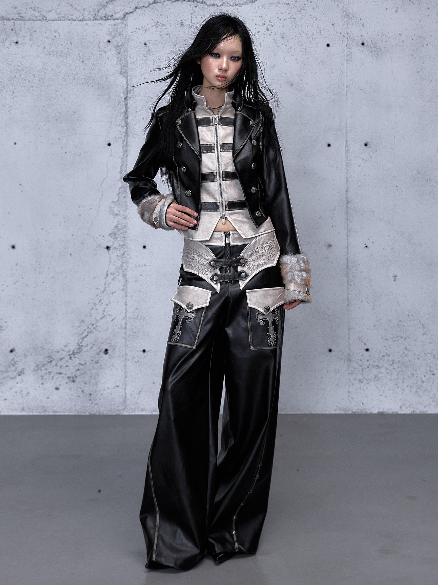 Standing-Collar Belt Detail Fake Fur Cuff PU Leather Jacket NA8980