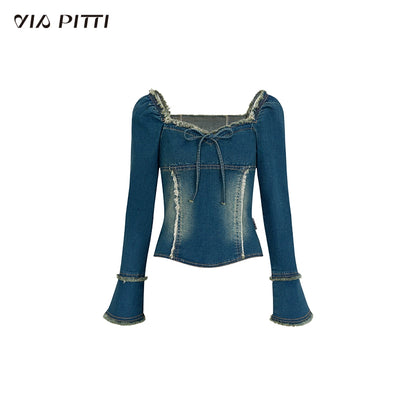 One Shoulder Denim Long Sleeve T-shirt NA4869