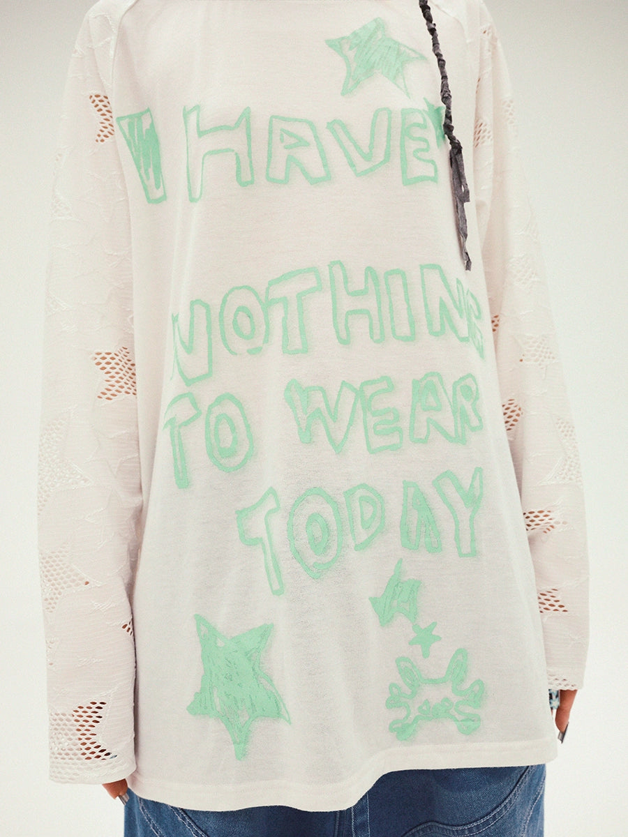 Letter Print Star Mesh Long Sleeve T-shirt NA6651