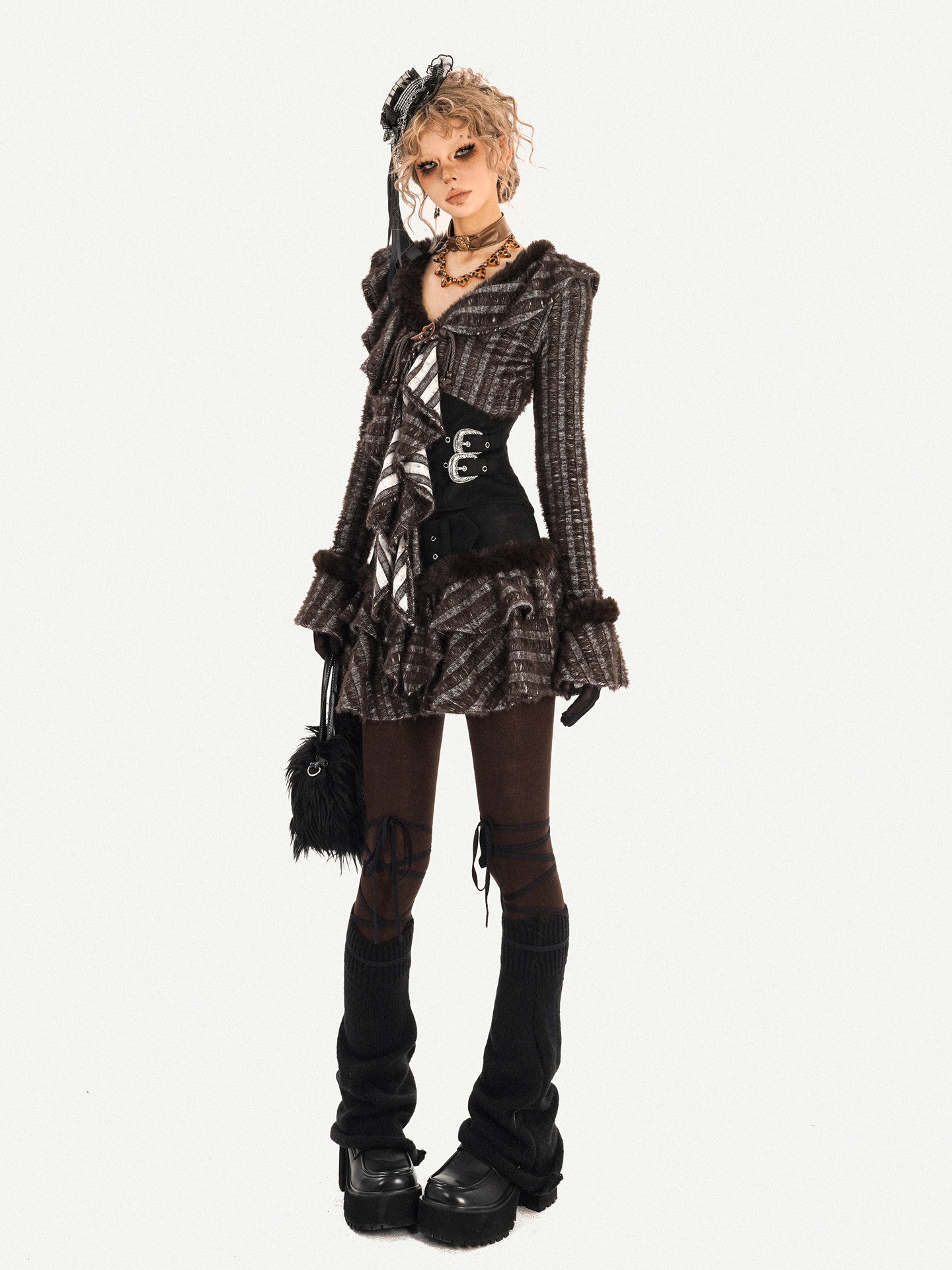 Original Design Patchwork Raw Edge Slim Long Sleeve Shirt & Skirt Setup NA8614